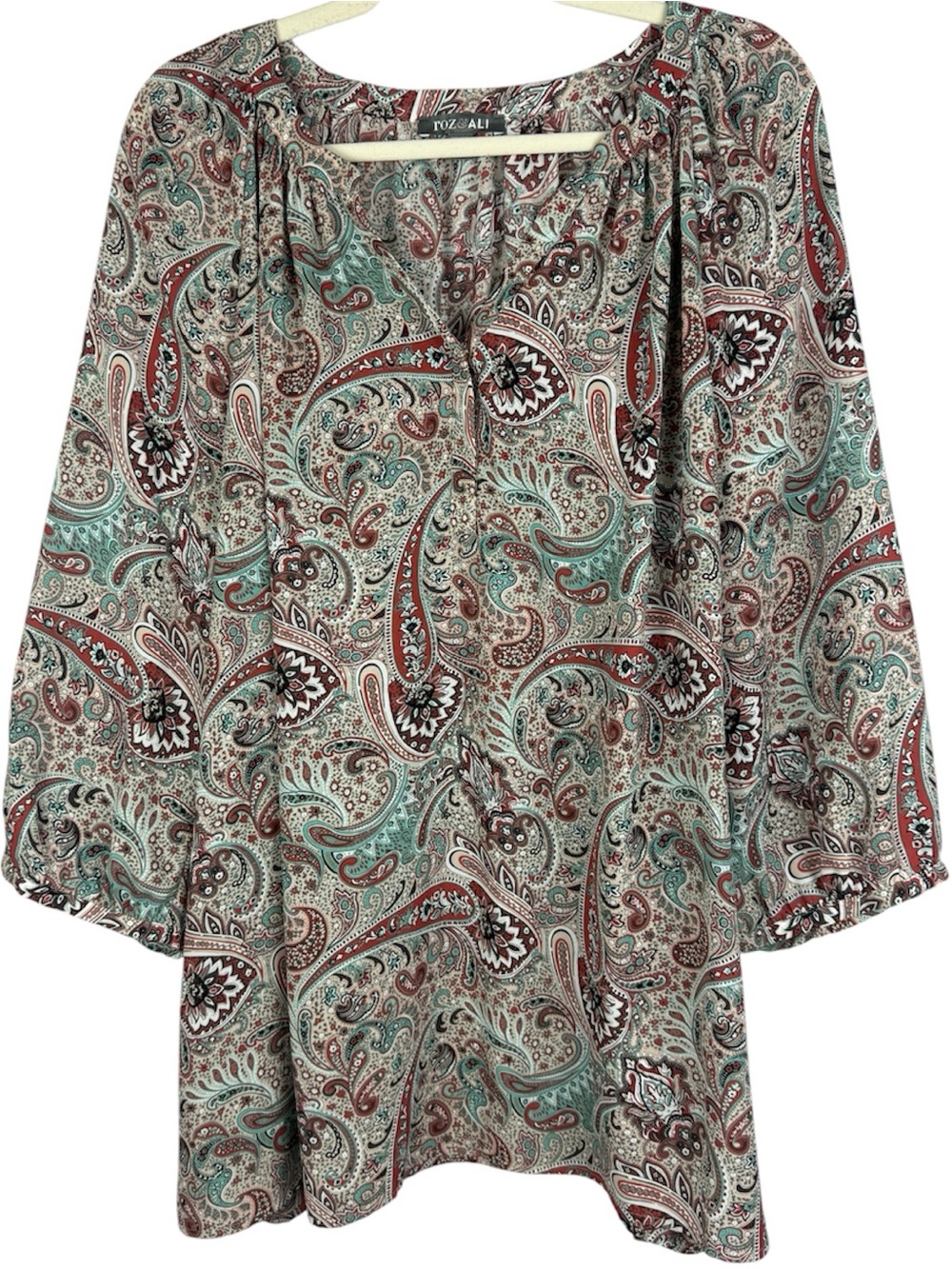 ROZ & ALI Paisley Blouse 2X Rust Teal Boho Peasant Top 3/4 Sleeve